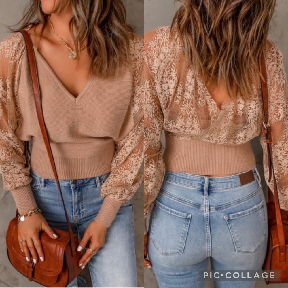 V-Neck Lace Sleeve Pullover Sweater New